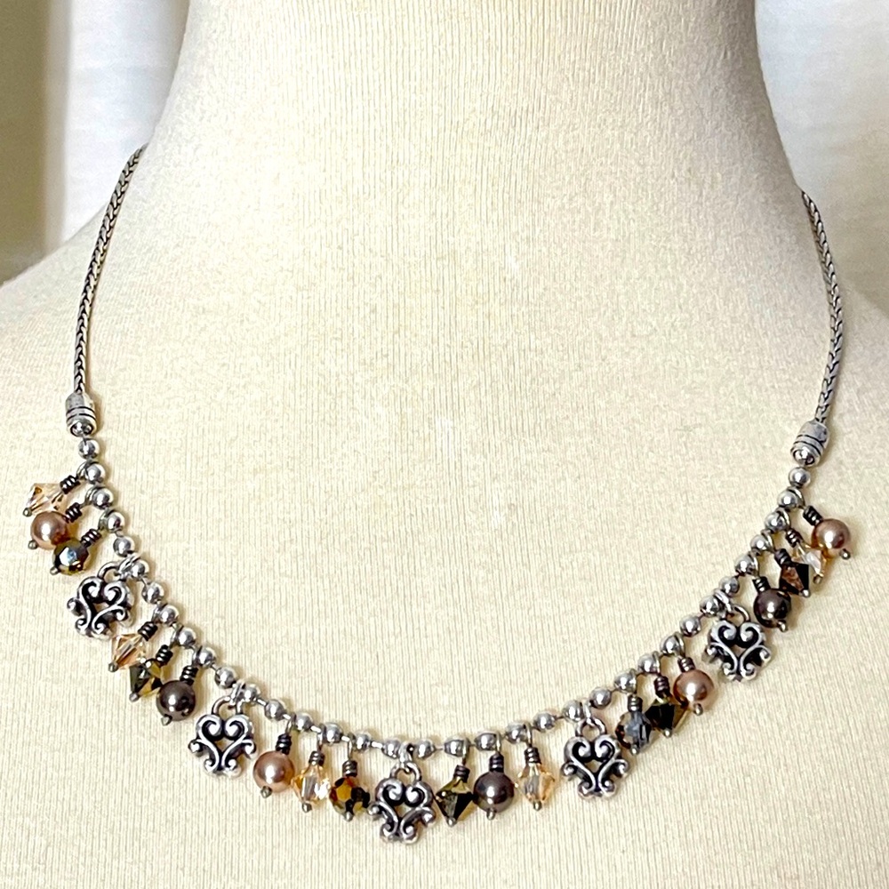 Brighton Retired Cannes Necklace Bronze Crystal Pearl Dangle Hearts - Picture 1 of 6